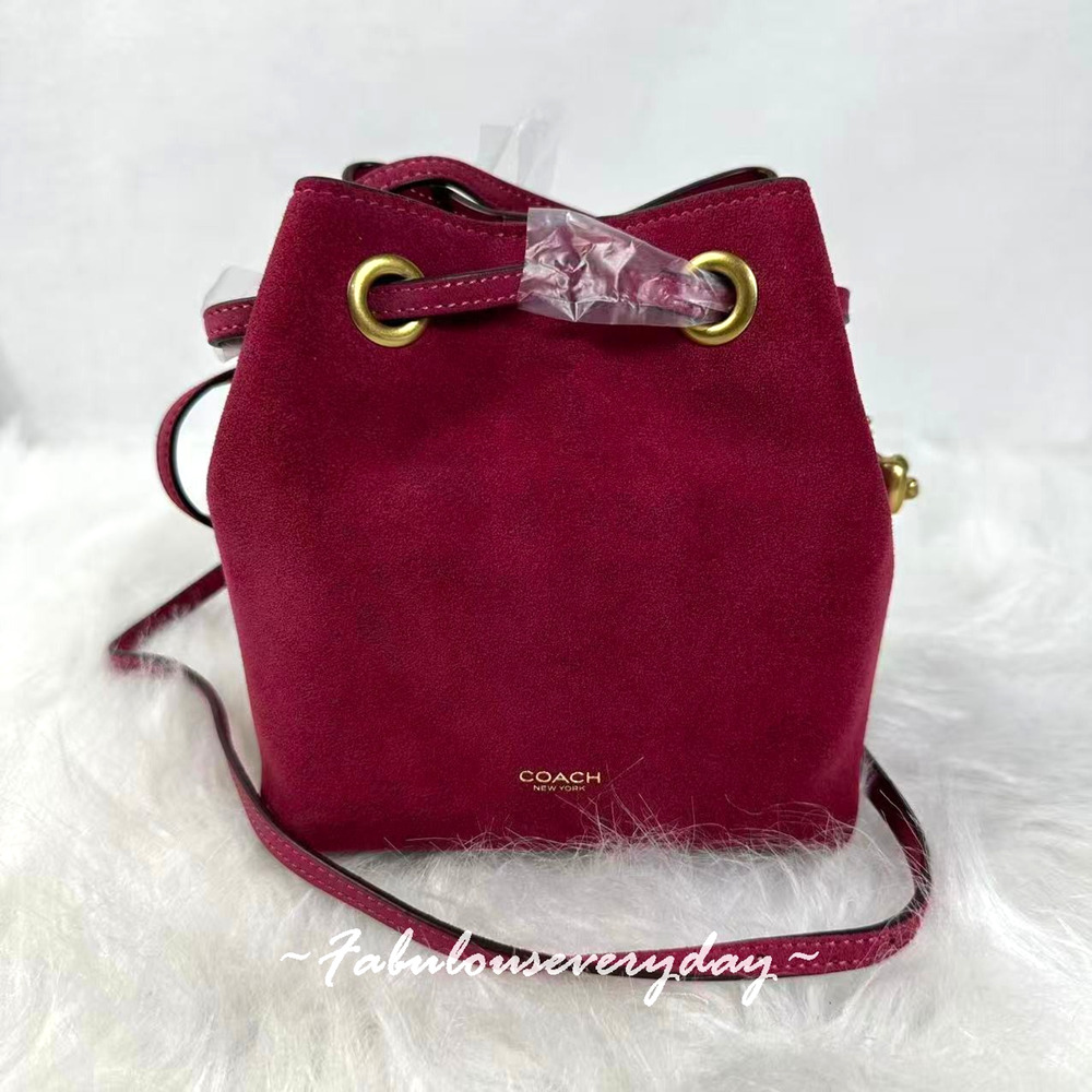 Coach Jade Mini Drawstring Bag Crossbody CER86 Suede/Gold/Dark Fuchsia NWT